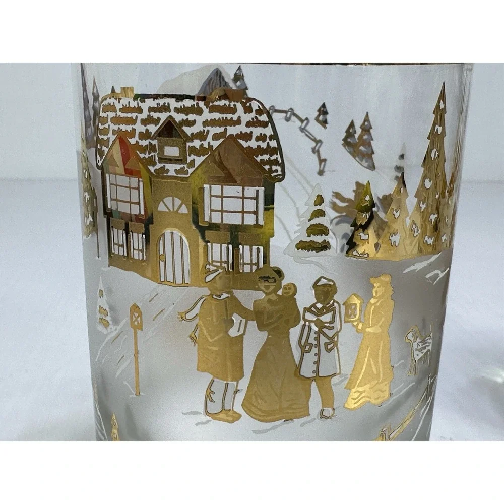 VINTAGE CHRISTMAS CULVER OLD FASHIONED GLASSES WINTER SCENES SLEIGH CAROLING